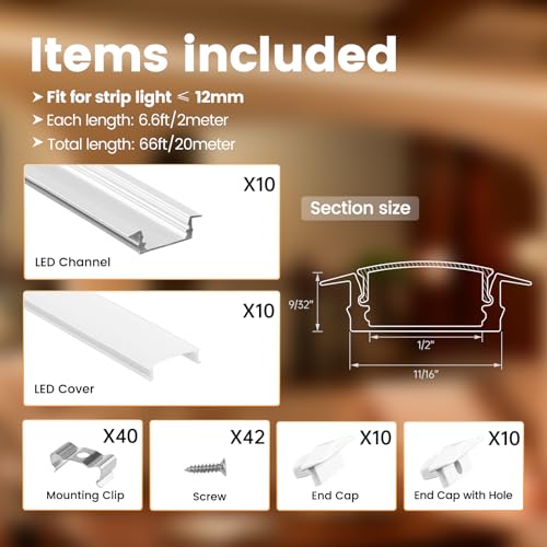 Muzata Silver Recessed LED Channel Kit 6.6ft with Milky White Cover - U127 WW