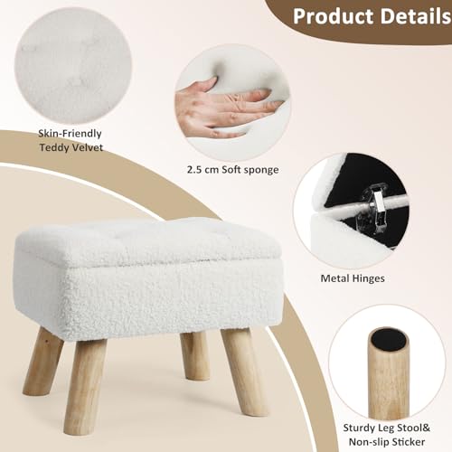 Cream Storage Ottoman Footstool with Padded Teddy Velvet Seat & Wooden Legs