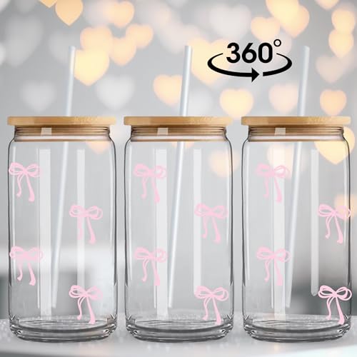 BIPEDS Coquette Pink Bow Glass Cup with Lids & Straws - Bow Pink 01