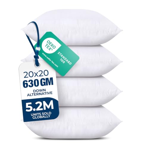 20x20 Inch Throw Pillow Inserts Set of 4 - Fluffy Down Alternative Cushions for Sofa, Bed & Outdoors