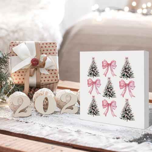 HONLUNG Christmas Tree Decorations Sign,Pink Bows Wooden Box,Christmas Decorations for Home Office Bedroom Living Room Shelf Desk Decor, 5x5 Inches