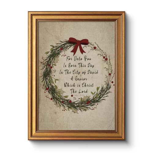 WHASAYART Framed 16x12 Christian Christmas Wreath Bow Wall Art – Vintage Style