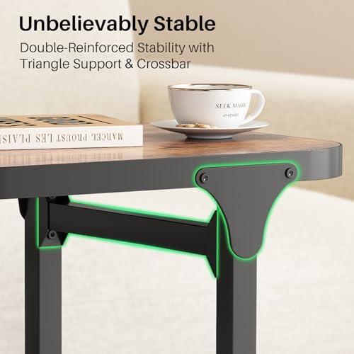 Kitstorack Brown Adjustable C-Shaped End Table for Couch & Bed - Rustic Metal Frame