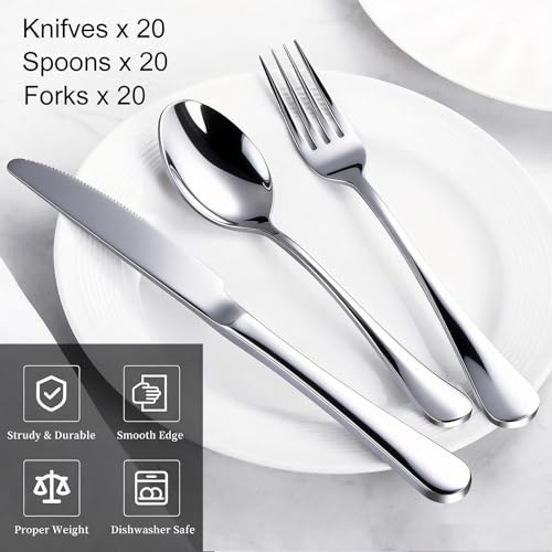 60-Piece Silverware Set for 20 - Stainless Steel Flatware Cutlery Set - Mirror Polished Dinner Forks Spoons Knives for Home Wedding Restaurant - Dishwasher Safe