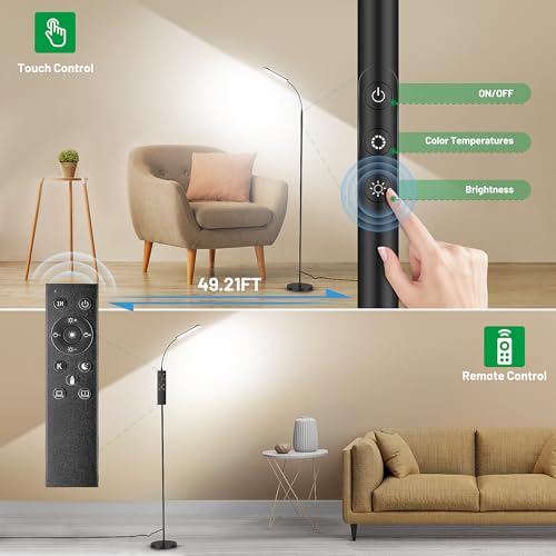 Yikuneng Dimmable LED Floor Lamp Black - Stepless Bright Reading & Living Room Light with Remote & Touch Control