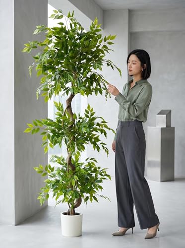 7ft Artificial Ficus Tree with White Planter - Indoor Decor, Realistic Fake Plant