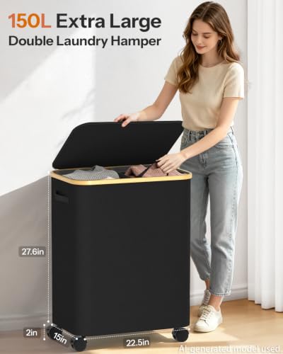 Black 150L Double Laundry Basket with Wheels & Lid - Household Sorter