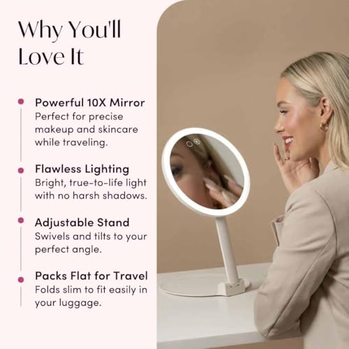 Travel Magnifying Makeup Mirror with Lights - 10x Magnification, Rechargeable, Adjustable Height Stand, Portable LED Vanity Mirror