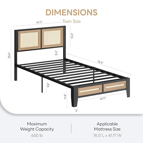 Twin Rattan Bed Frame with Headboard - Boho Metal Platform Bed, No Box Spring Needed