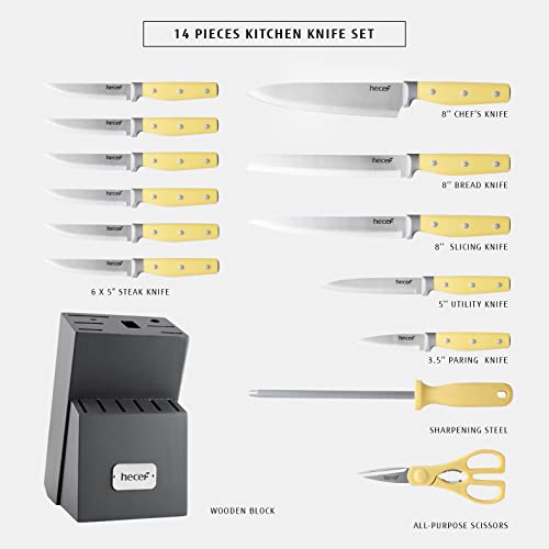 14-Piece Kitchen Knife Set with Pine Wood Block - Yellow Handle