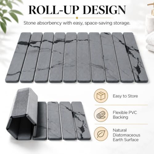 Dark Gray Rollable Stone Bath Mat for Bathroom, Quick Dry, Diatomaceous, 24x16 Inches