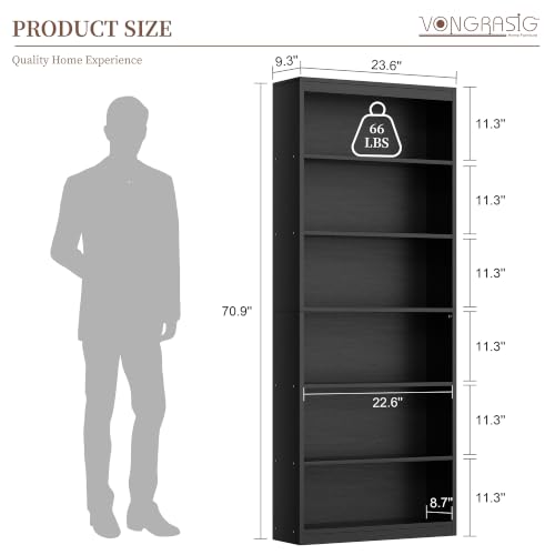 Vongrasig 71-Inch Tall Black Bookshelf - Modern Wooden Display Bookcase