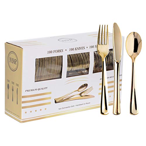Gold Plastic Cutlery Set - 300PCS Disposable Forks Spoons Knives Utensils Variation of Gold-300Pack