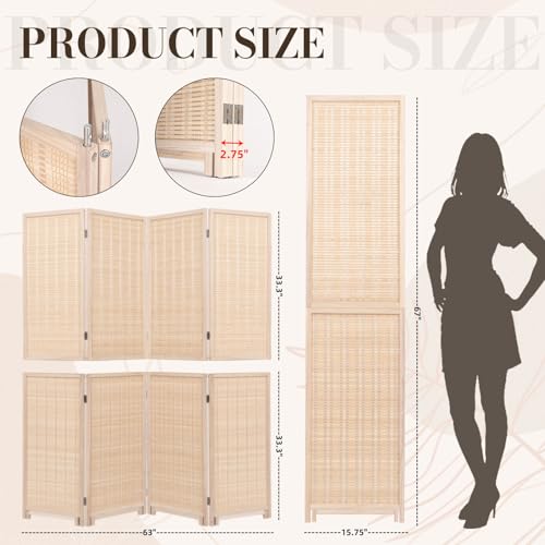 Beige Bamboo Room Divider 67-inch, 4-Panel Freestanding Wooden Screen, Versatile Partition