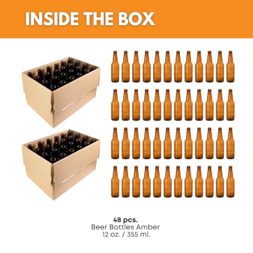 12oz Amber Glass Beer Bottles Pack of 48 for Home Brewing - Longneck Bottles with Crown Finish