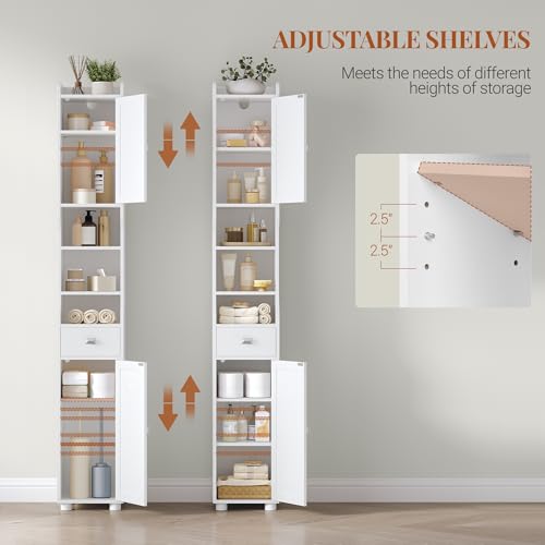 HEXCELEN Tall White Bathroom Storage Cabinet 11"D x 11"W x 70.9"H with Shelves
