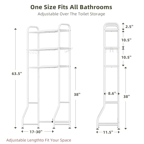White Expandable Over-the-Toilet Storage Rack with 3 Shelves & Hooks