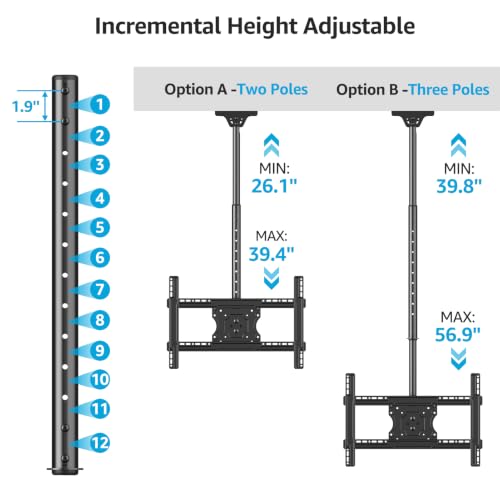 Ceiling TV Mount for 40-75 Inch Flat Curved Screens - Height 60.6 Inches, Heavy Duty Adjustable Ceiling Bracket with 360° Rotation