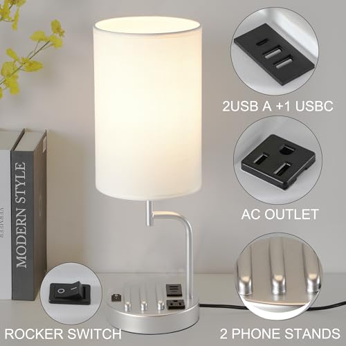 Silver Dreamholder Table Lamp with 3 USB Ports & AC Outlet — Modern Desk & Bedside Light (Pack of 2)
