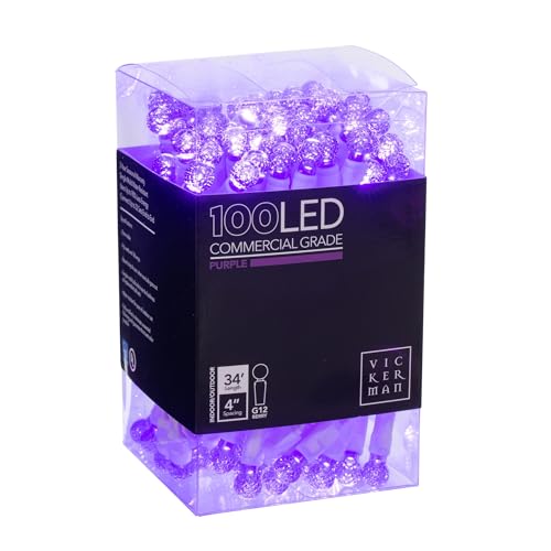 Vickerman Purple LED Berry G12 String Light Set, 34ft, 100 Lights, White Wire, 4in Spacing