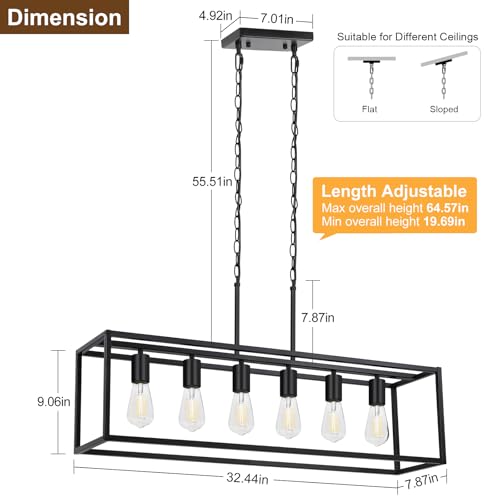 Boncoo Black Farmhouse 6-Light Linear Pendant Chandelier for Kitchen & Dining Room