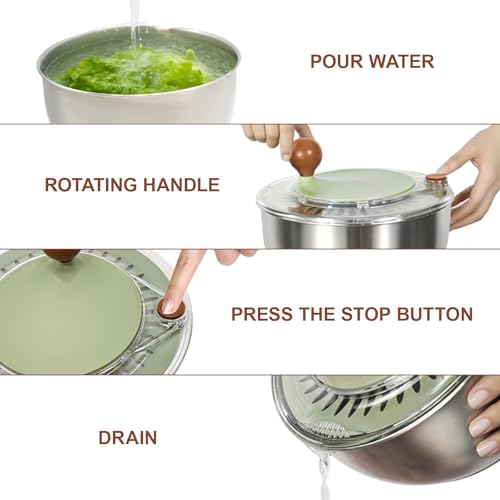 Stainless Steel Salad Spinner 5.3 Qt with Stop Button & Drain Hole, Non-Slip Base, Dishwasher Safe
