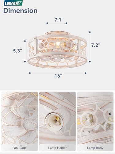 16in Caged Low Profile Ceiling Fan Light with Remote White & Gold - LEDIARY