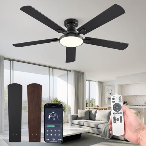 52 Inch Flush Mount Ceiling Fan with Light and Remote - Black Variation