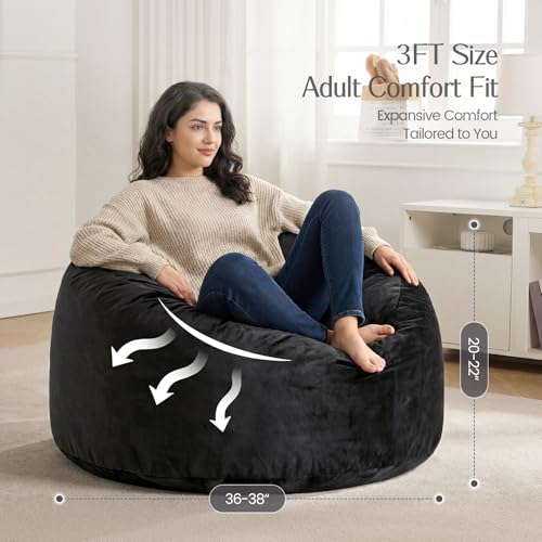 Yagamo 3FT Jet Black Memory Foam Bean Bag Chair with Washable Velvet Cover