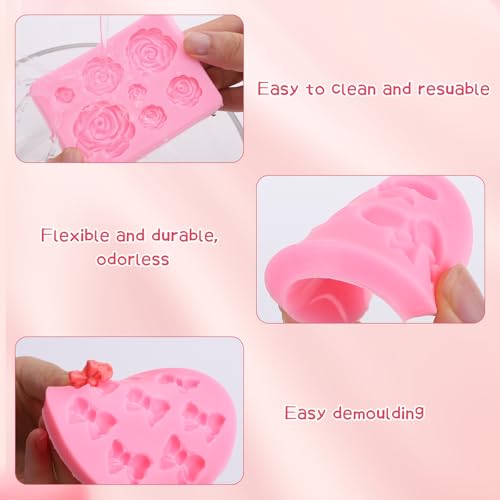 Pimoys 4 Pcs Flower&Bow Molds for Chocolate, Bow Chocolate Molds Silicone Cake Pop Mold Christmas Candy Mold Silicone for Wax Melts Birthday Cake Decoration