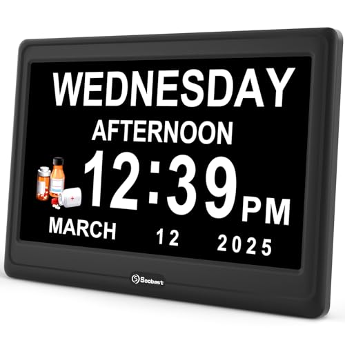 12” Black Digital Dementia Clock for Seniors with 20 Alarms & Auto Dimming