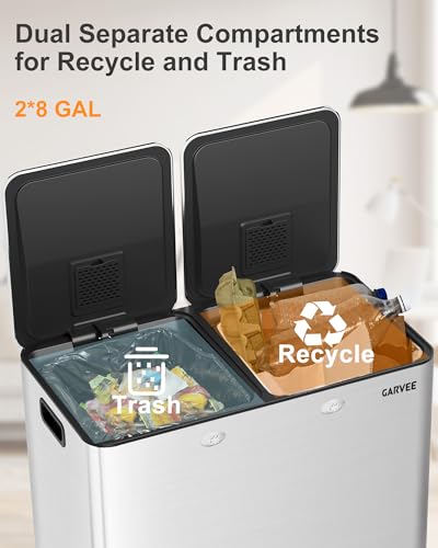 Garvee Dual Kitchen Trash Can 2x8 Gallon Stainless Steel Step Pedal Bin - Silver