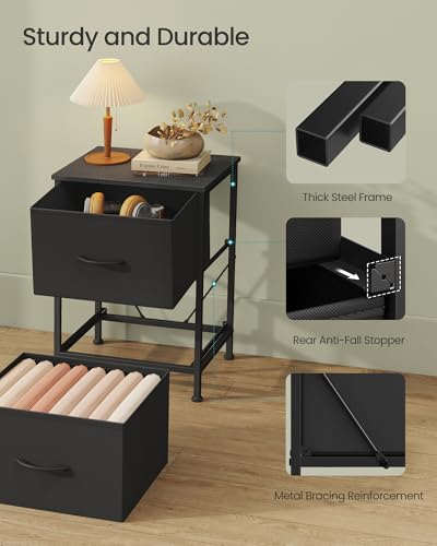 Nightstand with 2 Fabric Drawers - Bedside End Table, Black, 2 Pack