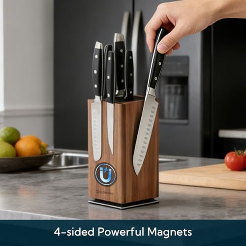 Magnetic Knife Block with Removable Insert - 360° Rotatable Acacia Wood Knife Holder, Large Capacity Kitchen Organizer