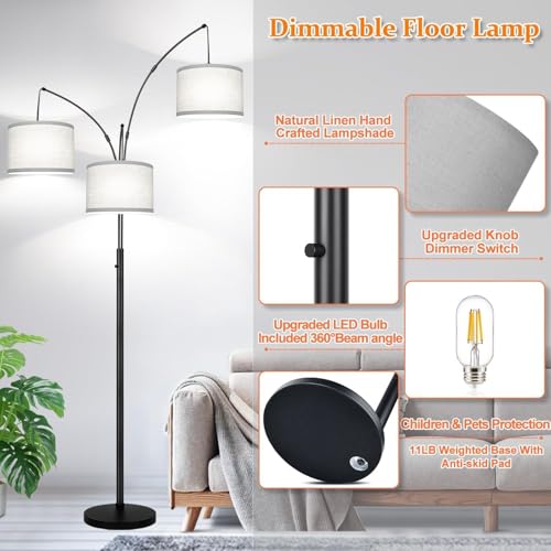 Nintiue Matte Black Arc Floor Lamp with Grey Linen Shades, 3 Lights, Dimmable 3000LM LED Bulbs, Heavy Base, Modern Tall Standing Tree Lamp for Living Room & Bedroom