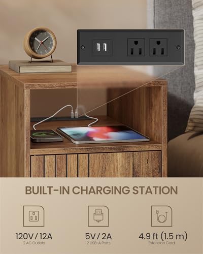 VASAGLE Narrow End Table with Charging Station, Nightstand – Honey Brown, 18.9 x 11.8 x 23.6 inches