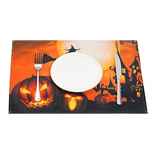 Halloween Placemats Set - Washable Linen Table Mats with Pumpkins & Ghosts, 4 Pack