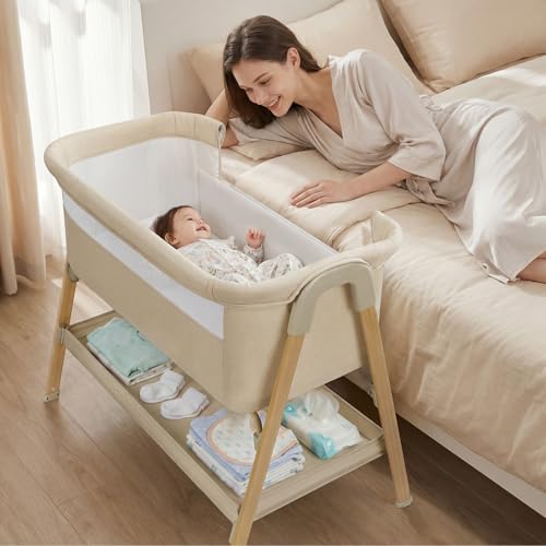 Baby Bassinet Bedside Sleeper Khaki 2-in-1 Crib with Mattress & Mesh Design