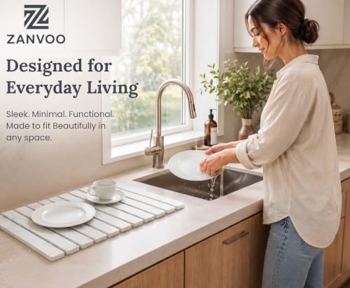 White Stone Dish Drying Mat for Kitchen Counter 24x16, Quick Dry Non-Slip Diatomaceous Earth Pad - Large, Rollable & Multipurpose