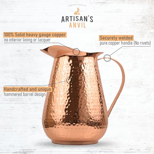 Hammered Copper Water Pitcher 70oz, 100% Pure, Handle