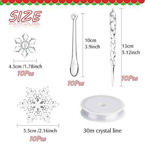 FEPITO 40 PCS Acrylic Christmas Decoration Set - Snowflake, Icicles with Crystal Line Ornaments for Christmas Tree Hanging Decorations