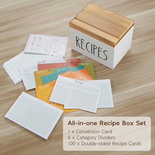 BWODYAY White Recipe Box with 100 Cards & 6 Dividers, 4x6 Organizer