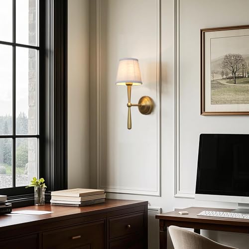 JIMUBEAM Brass Wall Sconces Set of Two with Linen Fabric Shades - E26 Vanity Bathroom Lights, Hardwired Indoor Wall Lamps - Brass_2 Pack