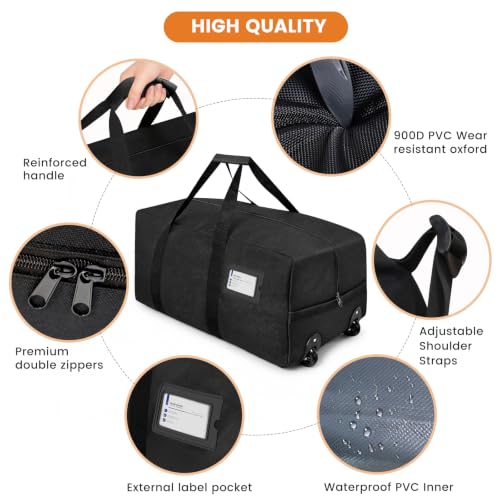 Heavy Duty Travel Duffel Bag with Wheels - 92L Large Black Rolling Bag