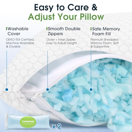 Cooling Queen Size Pillow Set of 2 - Gray Memory Foam with Adjustable Firmness