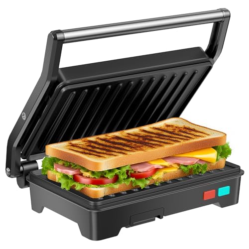 Novalife Black 3-in-1 Panini Press Grill, 1000W Electric Sandwich Maker with Non-Stick Plates, Opens 180°, Removable Drip Tray