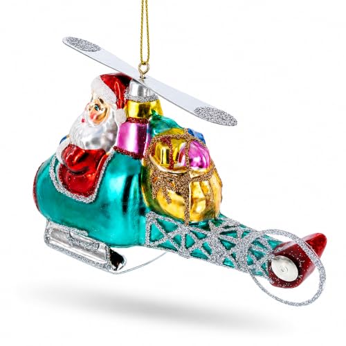 Santa’s Gift Delivery Helicopter Glass Christmas Ornament - Handcrafted Holiday Decor