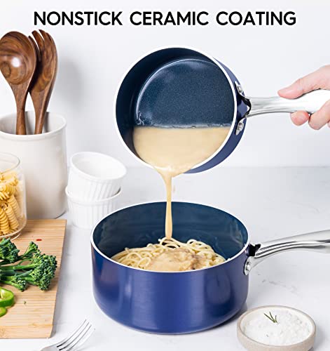 Michelangelo Blue 4 Qt Nonstick Ceramic Saucepan with Lid - Induction & Oven Safe