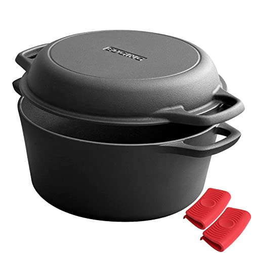 7QT Pre-Seasoned Cast Iron Dutch Oven with Skillet Lid - 2-in-1 Cooking Pot for Baking, Frying, Camping