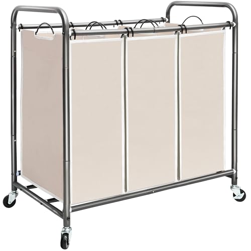 Beige 3-Section Laundry Sorter with Wheels - Storage Maniac Heavy Duty Hamper